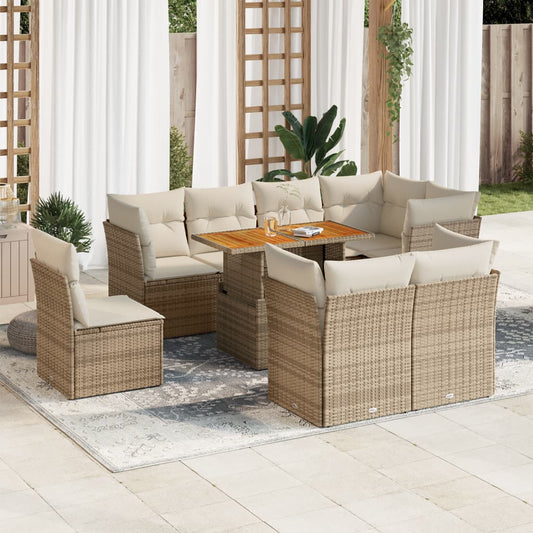 9-tlg. Garten-Sofagarnitur mit Kissen Beige Poly Rattan