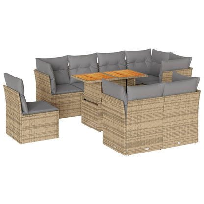 9-tlg. Garten-Sofagarnitur mit Kissen Beige Poly Rattan