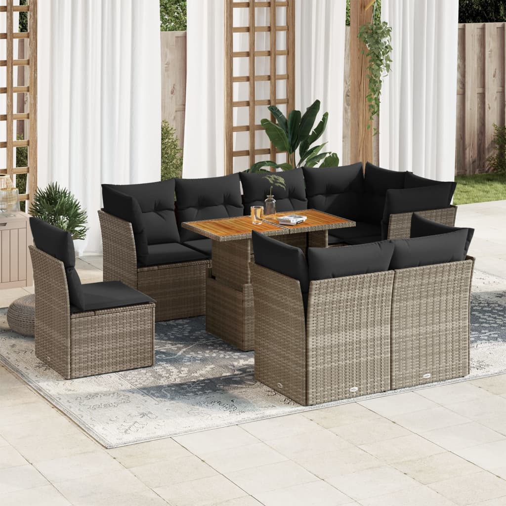 9-tlg. Garten-Sofagarnitur mit Kissen Grau Poly Rattan