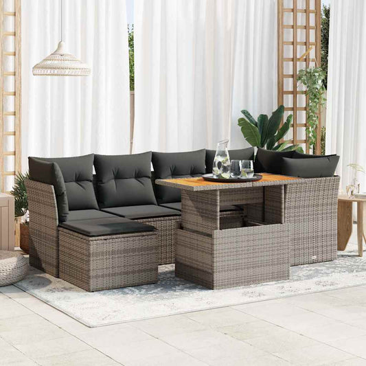 7-tlg. Garten-Sofagarnitur mit Kissen Grau Poly Rattan