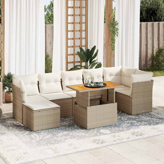 8-tlg. Garten-Sofagarnitur mit Kissen Beige Poly Rattan