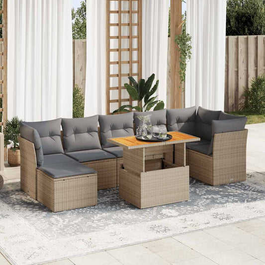 8-tlg. Garten-Sofagarnitur mit Kissen Beige Poly Rattan