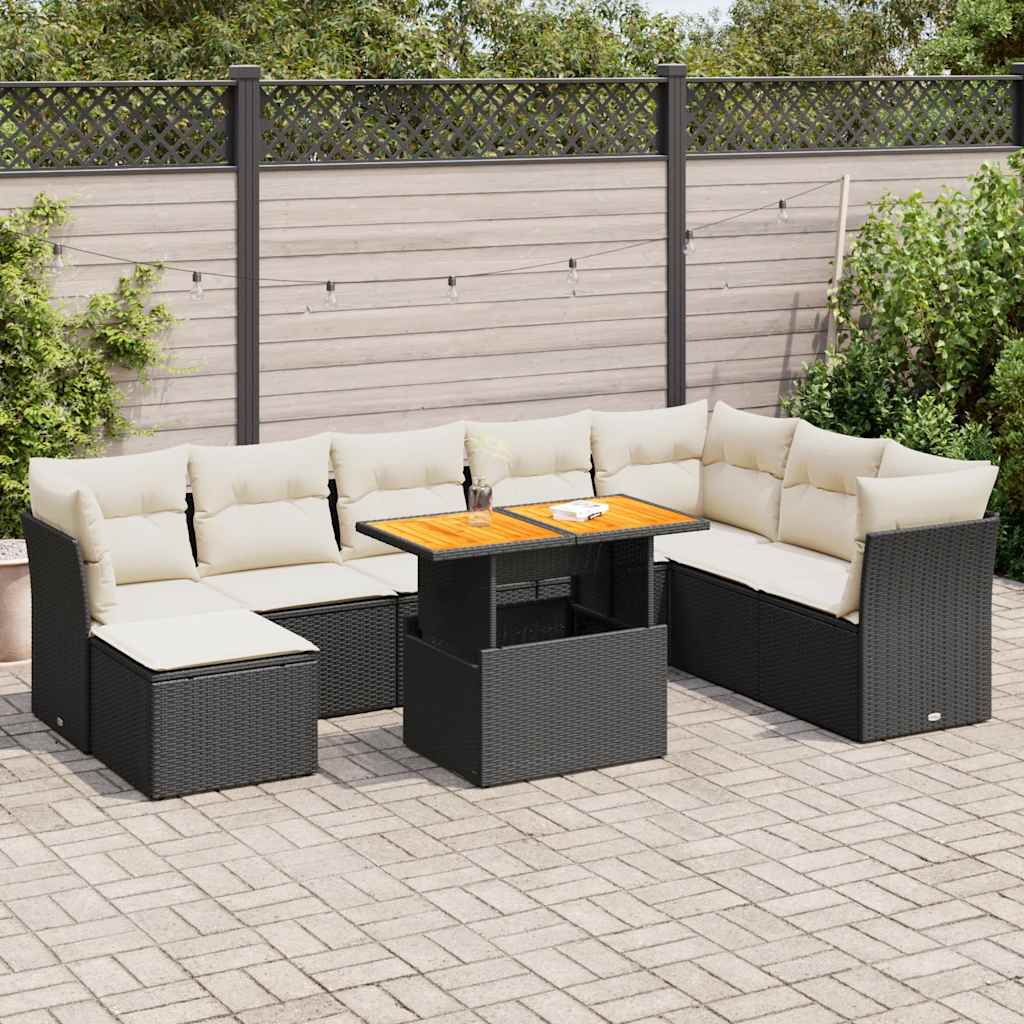 9-tlg. Garten-Sofagarnitur mit Kissen Schwarz Poly Rattan