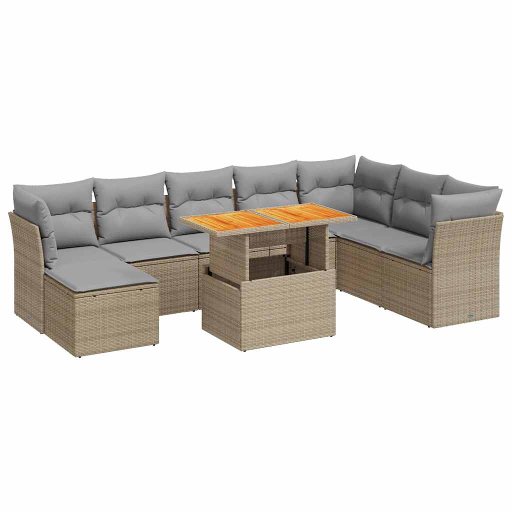 9-tlg. Garten-Sofagarnitur mit Kissen Beige Poly Rattan