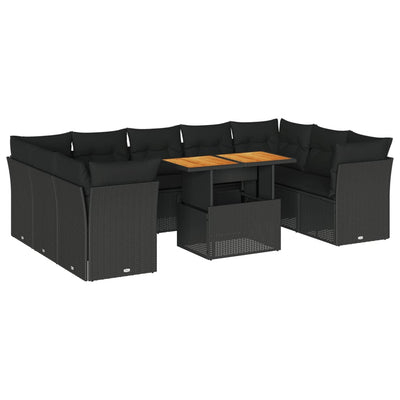 10-tlg. Garten-Sofagarnitur mit Kissen Schwarz Poly Rattan