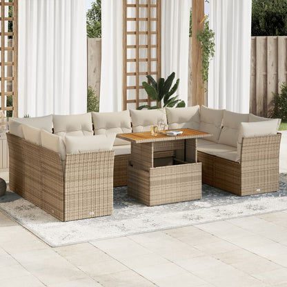 10-tlg. Garten-Sofagarnitur mit Kissen Beige Poly Rattan