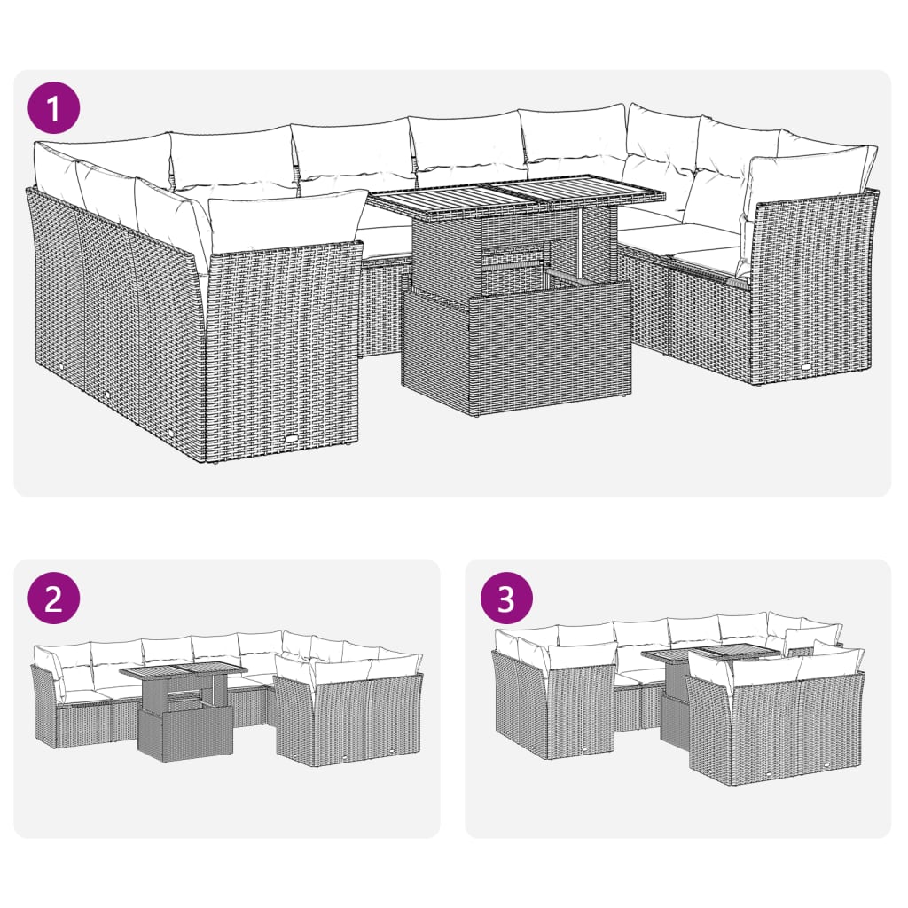 10-tlg. Garten-Sofagarnitur mit Kissen Grau Poly Rattan