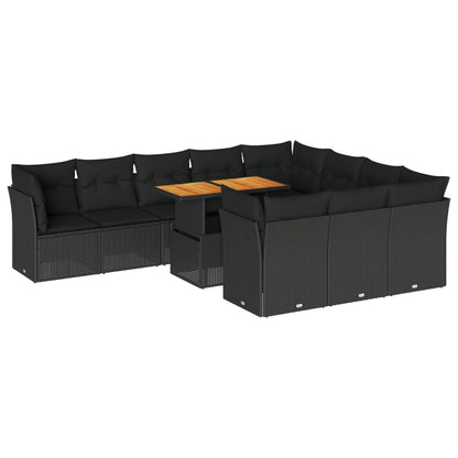 11-tlg. Garten-Sofagarnitur mit Kissen Schwarz Poly Rattan