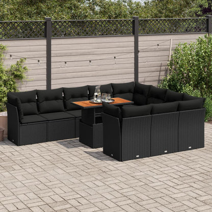 11-tlg. Garten-Sofagarnitur mit Kissen Schwarz Poly Rattan