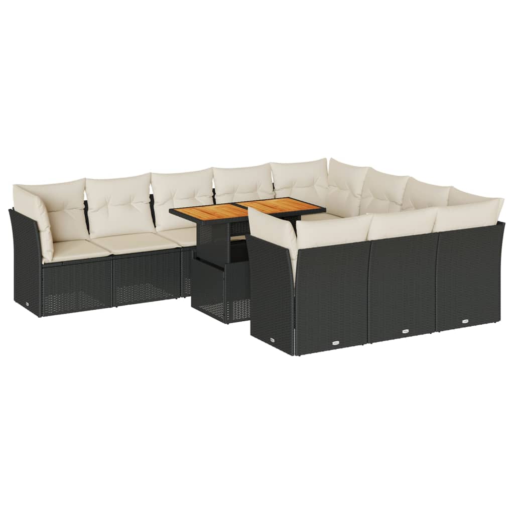 11-tlg. Garten-Sofagarnitur mit Kissen Schwarz Poly Rattan