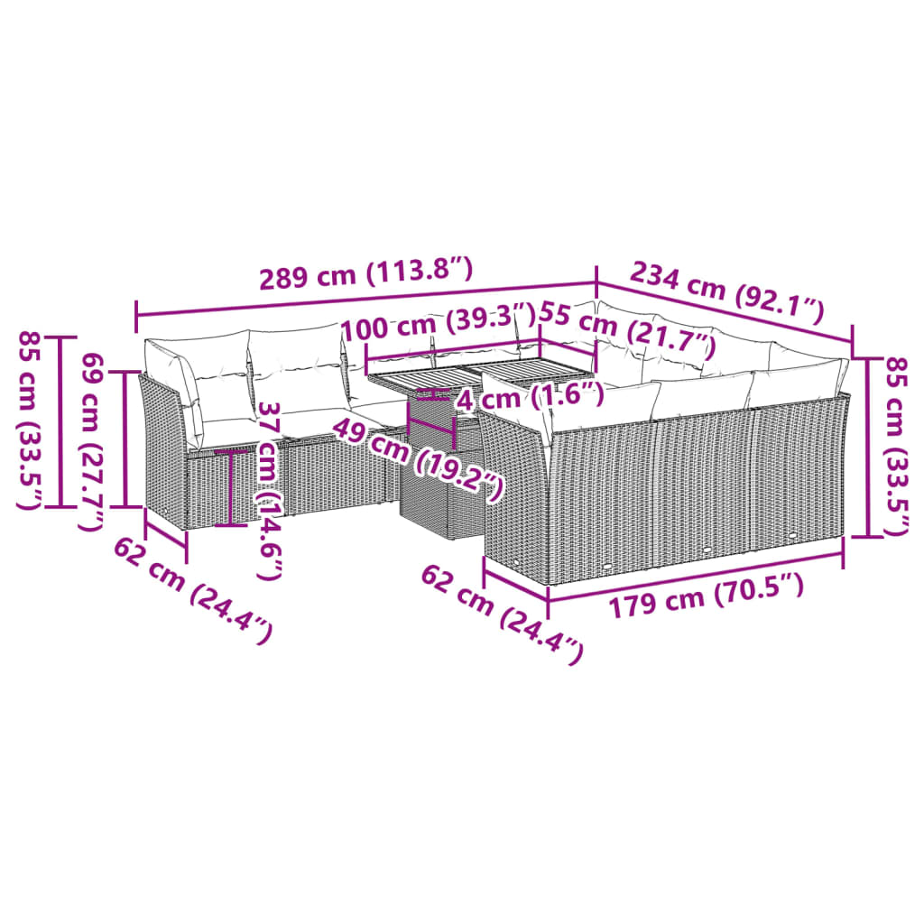 11-tlg. Garten-Sofagarnitur mit Kissen Schwarz Poly Rattan