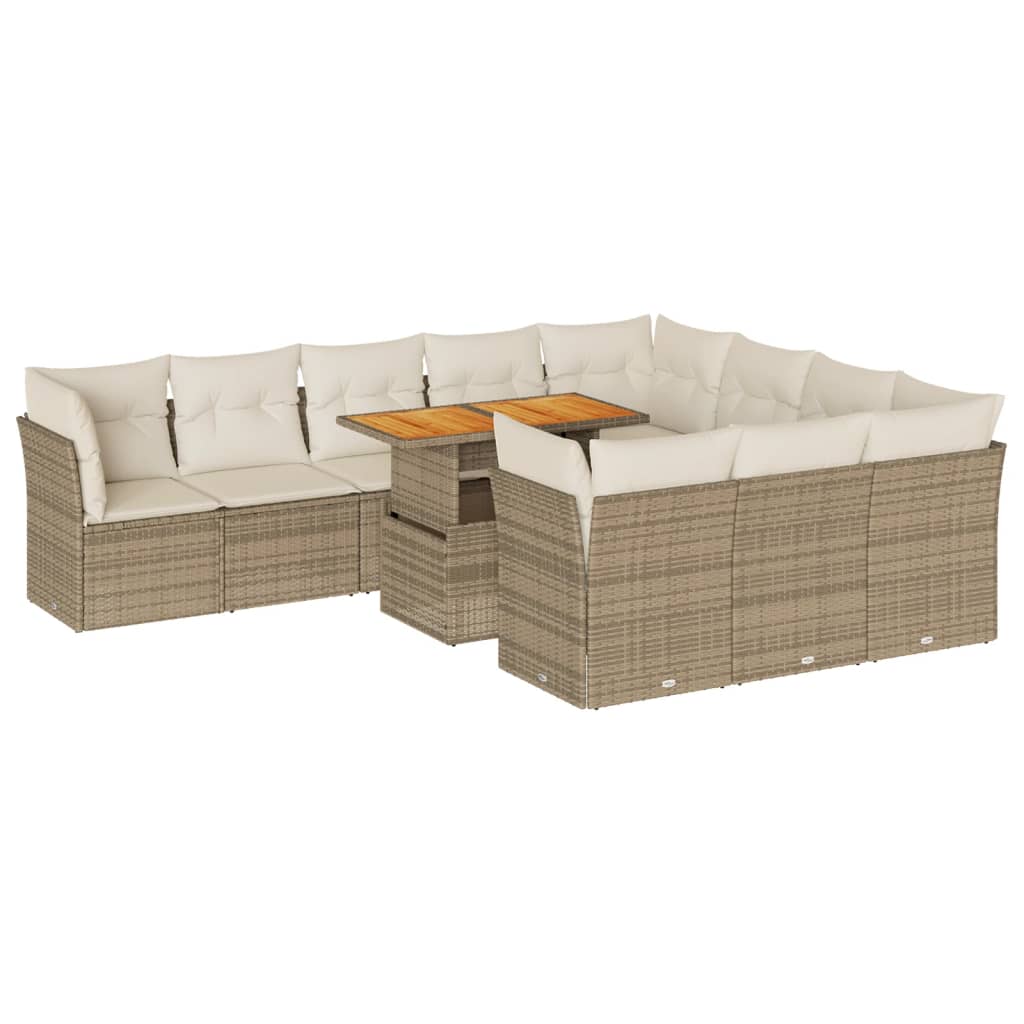 11-tlg. Garten-Sofagarnitur mit Kissen Beige Poly Rattan