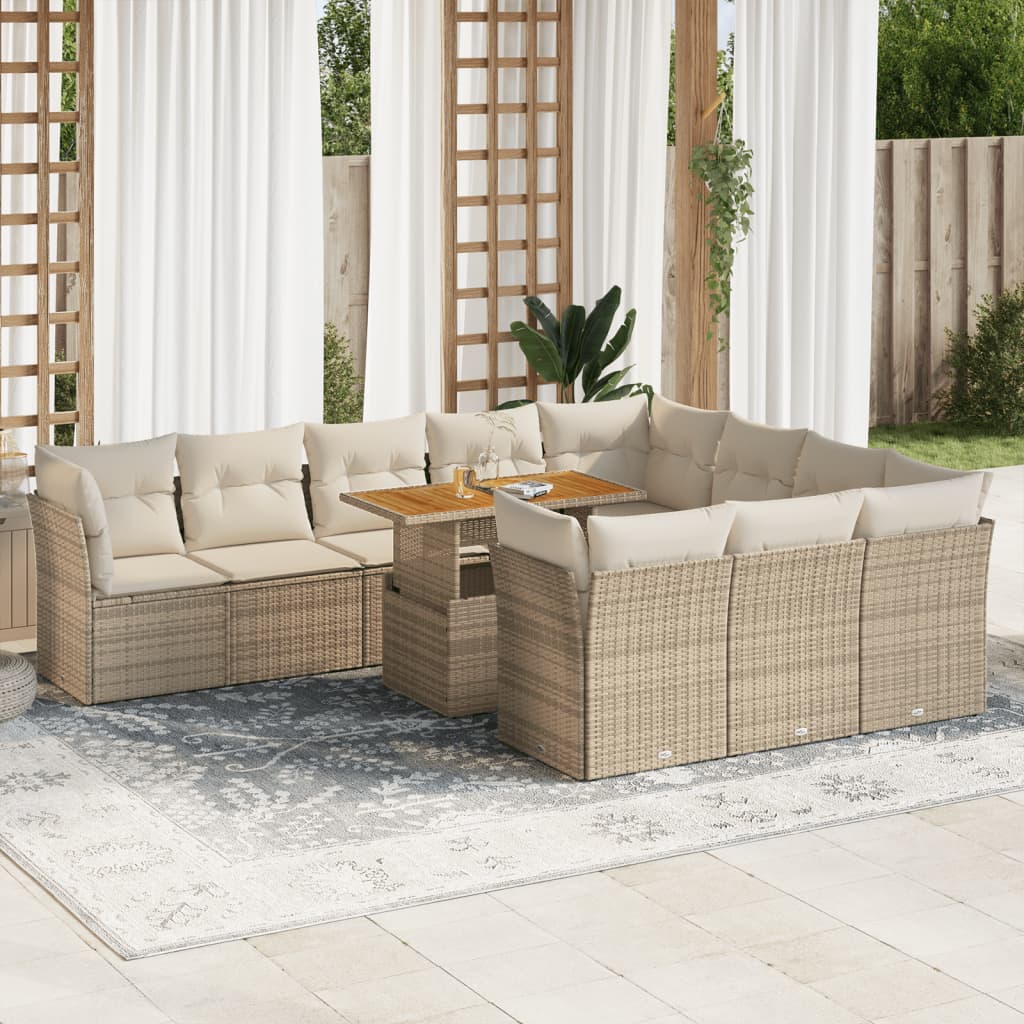 11-tlg. Garten-Sofagarnitur mit Kissen Beige Poly Rattan