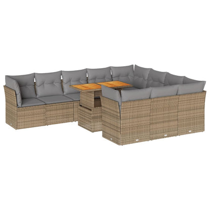 11-tlg. Garten-Sofagarnitur mit Kissen Beige Poly Rattan