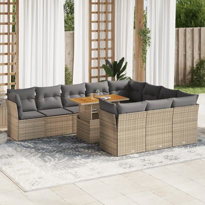 11-tlg. Garten-Sofagarnitur mit Kissen Beige Poly Rattan