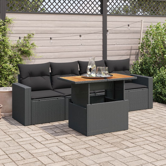 5-tlg. Garten-Sofagarnitur mit Kissen Schwarz Poly Rattan