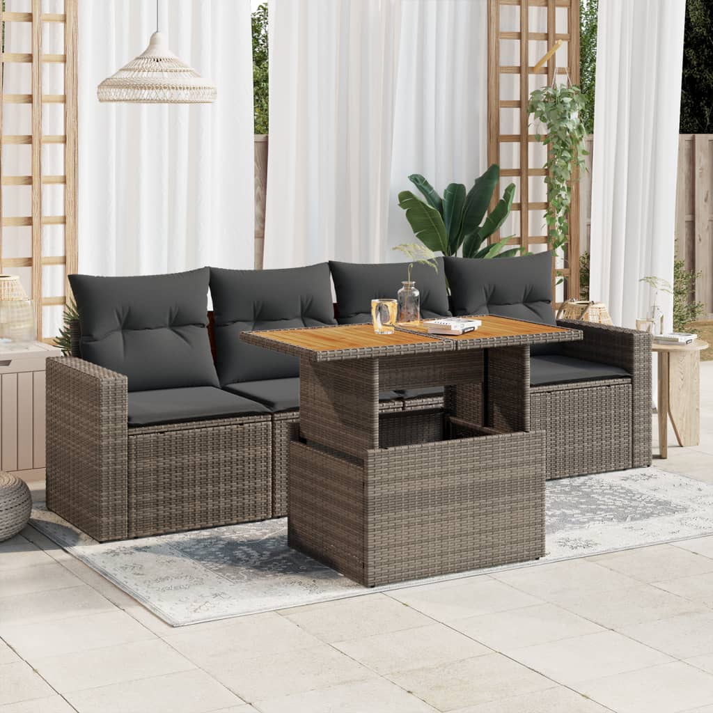 5-tlg. Garten-Sofagarnitur mit Kissen Grau Poly Rattan