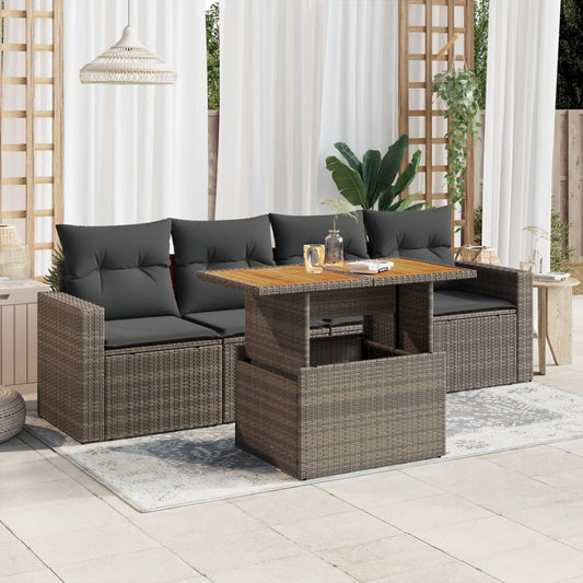 5-tlg. Garten-Sofagarnitur mit Kissen Grau Poly Rattan