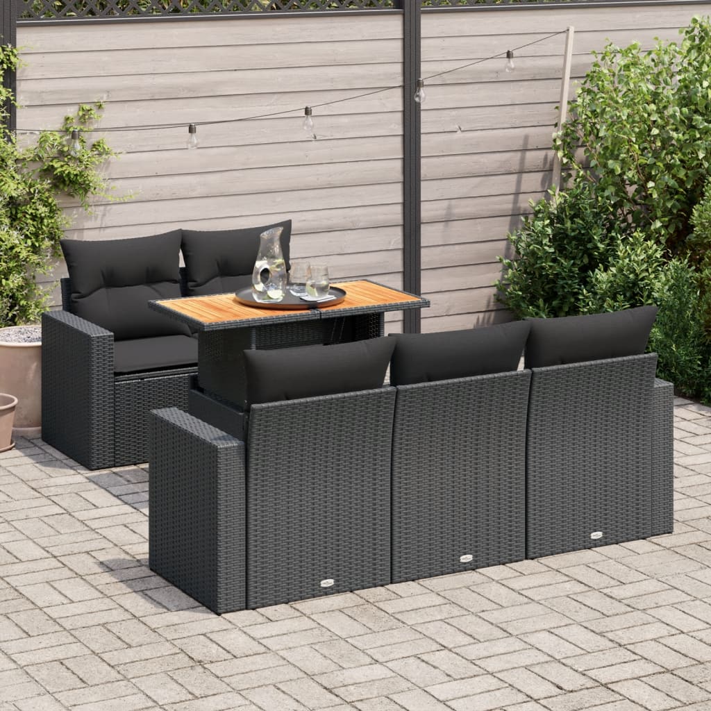 6-tlg. Garten-Sofagarnitur mit Kissen Schwarz Poly Rattan