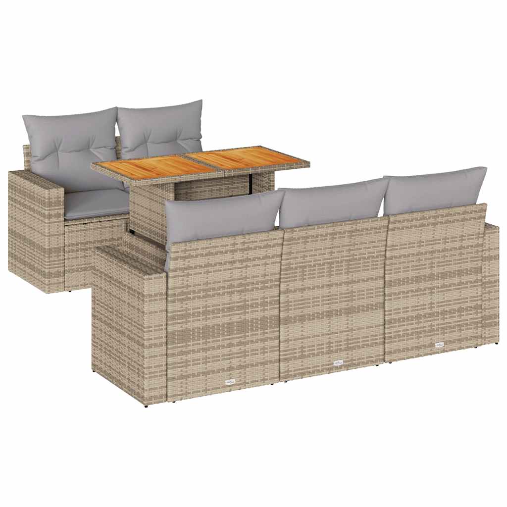 6-tlg. Garten-Sofagarnitur mit Kissen Beige Poly Rattan