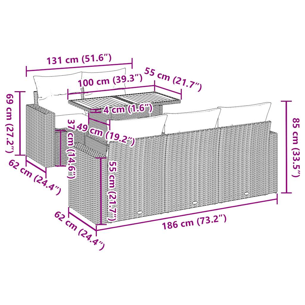 6-tlg. Garten-Sofagarnitur mit Kissen Grau Poly Rattan