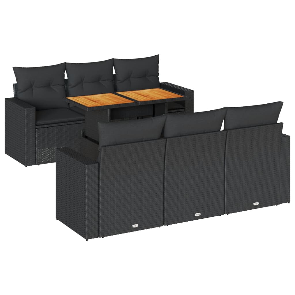 7-tlg. Garten-Sofagarnitur mit Kissen Schwarz Poly Rattan