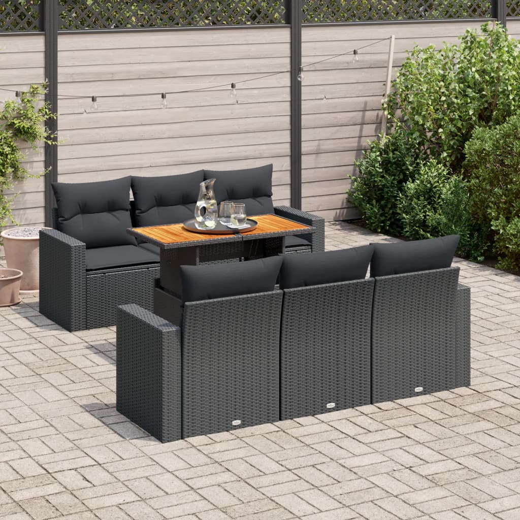 7-tlg. Garten-Sofagarnitur mit Kissen Schwarz Poly Rattan