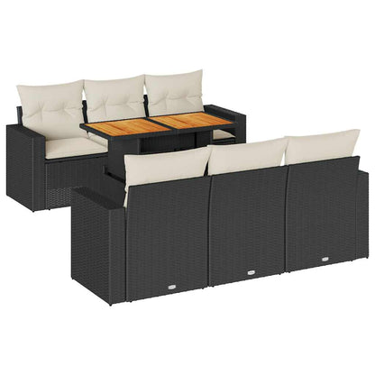 7-tlg. Garten-Sofagarnitur mit Kissen Schwarz Poly Rattan