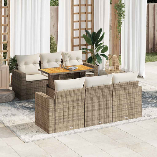 7-tlg. Garten-Sofagarnitur mit Kissen Beige Poly Rattan