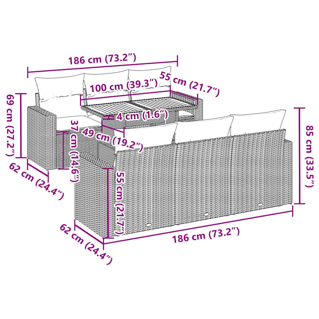 7-tlg. Garten-Sofagarnitur mit Kissen Grau Poly Rattan