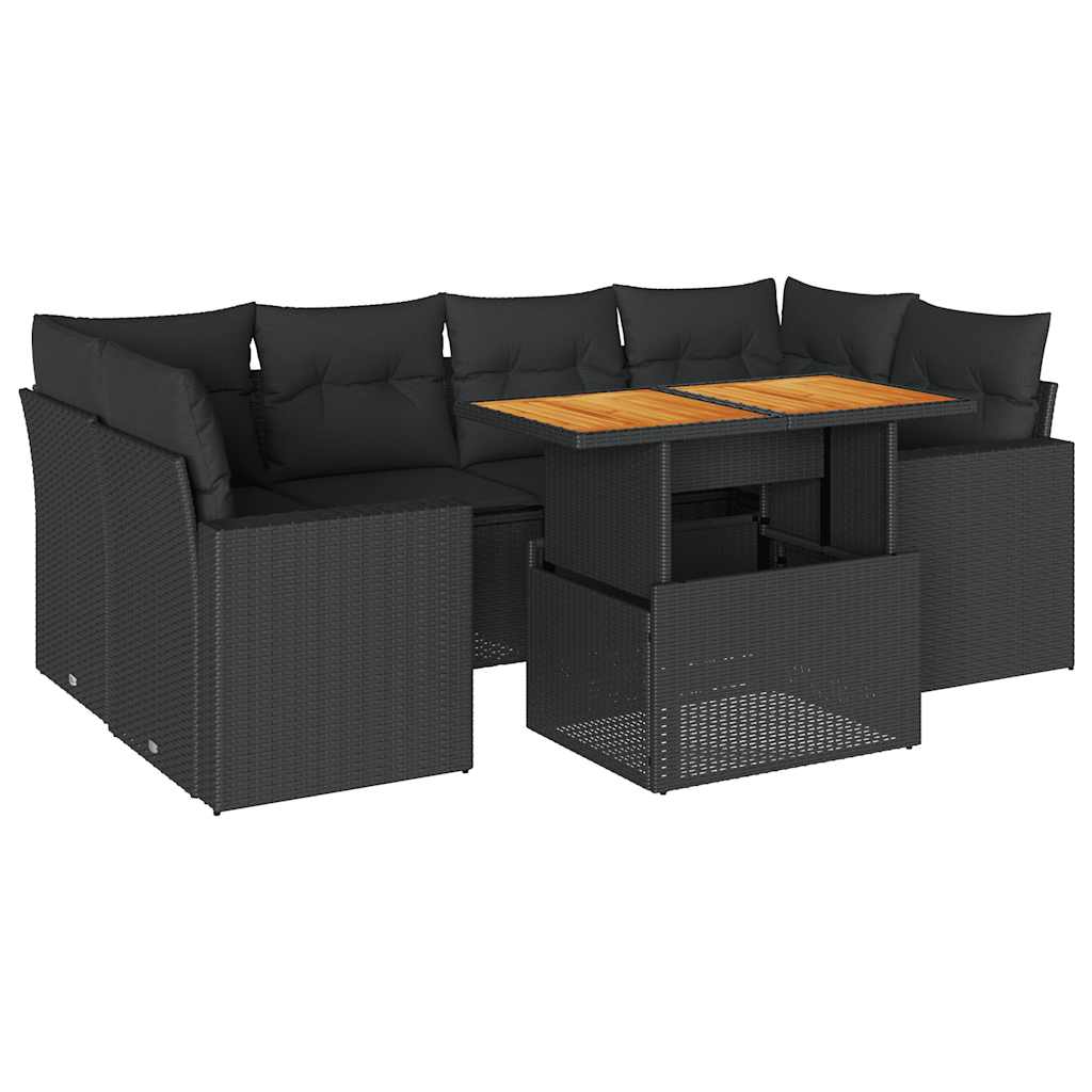 7-tlg. Garten-Sofagarnitur mit Kissen Schwarz Poly Rattan