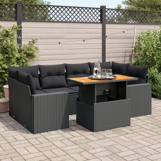 7-tlg. Garten-Sofagarnitur mit Kissen Schwarz Poly Rattan