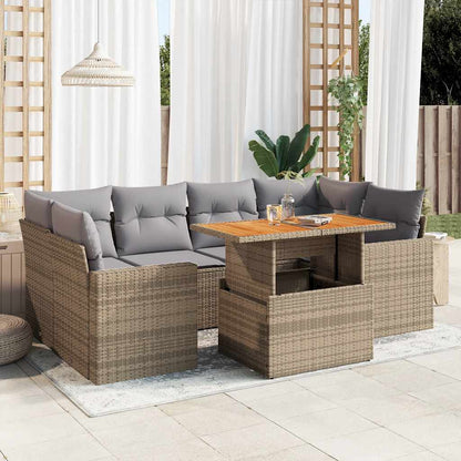 7-tlg. Garten-Sofagarnitur mit Kissen Beige Poly Rattan