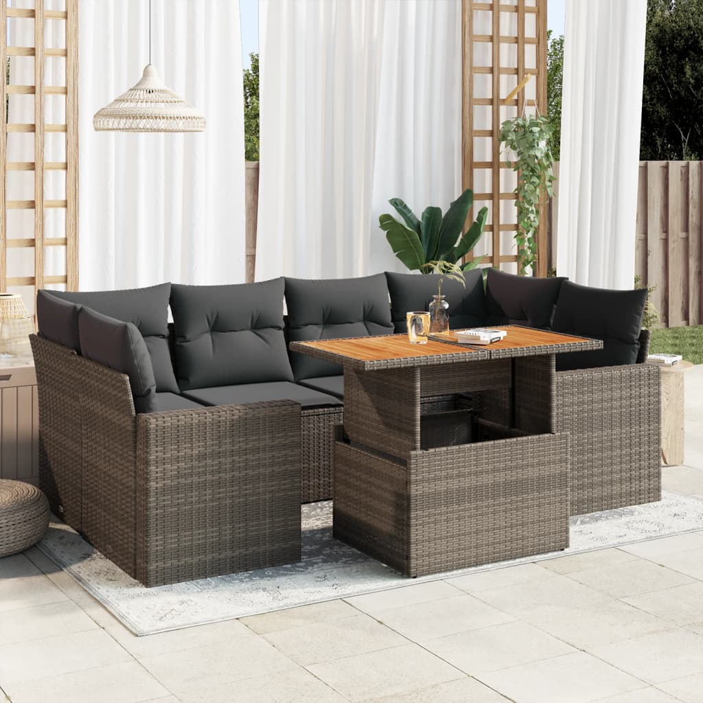 7-tlg. Garten-Sofagarnitur mit Kissen Grau Poly Rattan