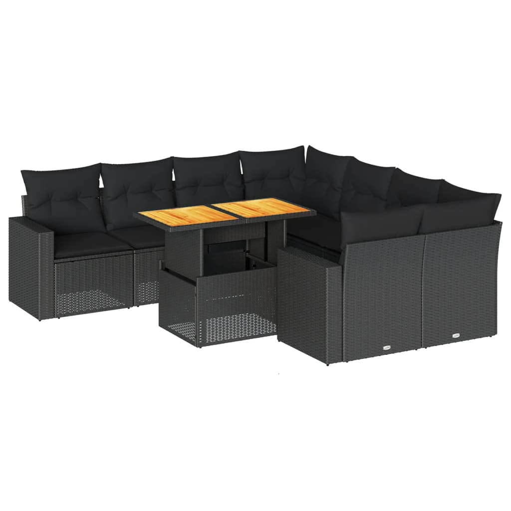 9-tlg. Garten-Sofagarnitur mit Kissen Schwarz Poly Rattan