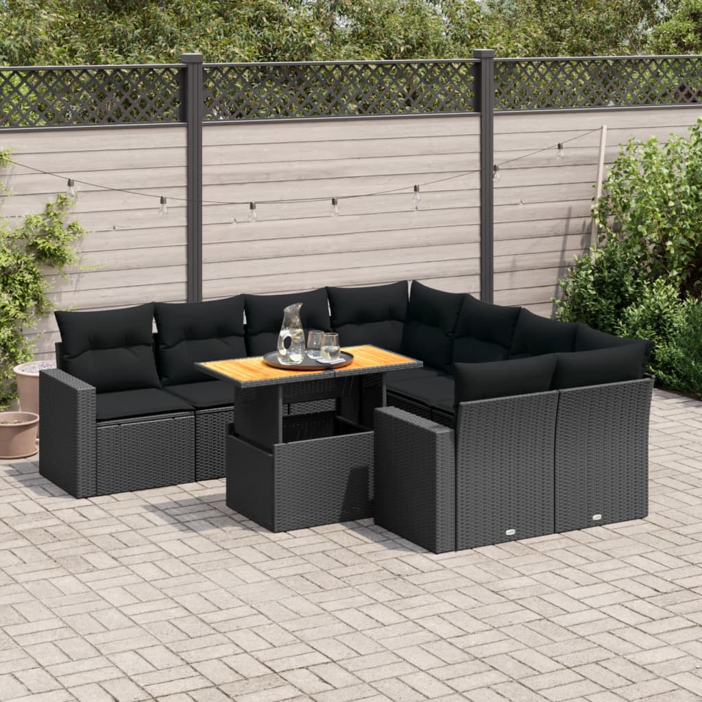 9-tlg. Garten-Sofagarnitur mit Kissen Schwarz Poly Rattan