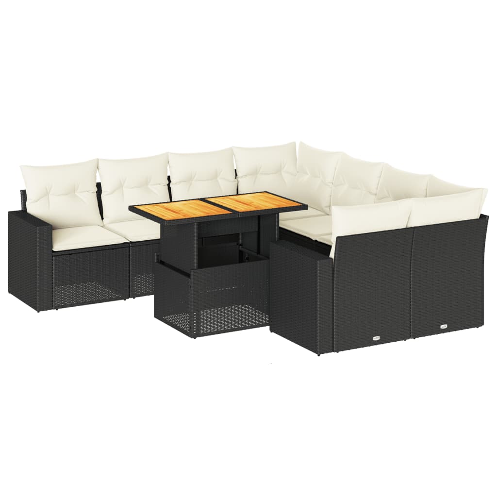 9-tlg. Garten-Sofagarnitur mit Kissen Schwarz Poly Rattan