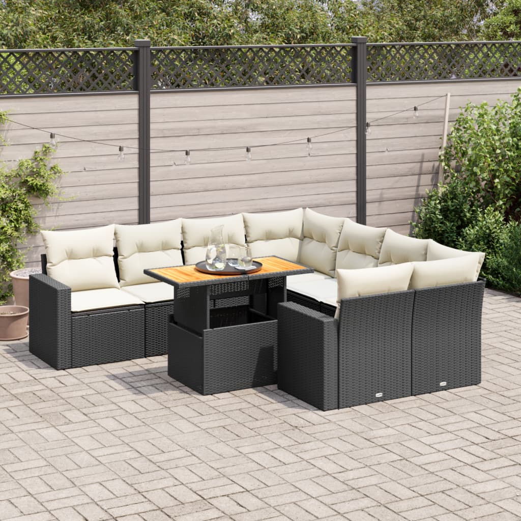 9-tlg. Garten-Sofagarnitur mit Kissen Schwarz Poly Rattan