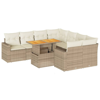 9-tlg. Garten-Sofagarnitur mit Kissen Beige Poly Rattan