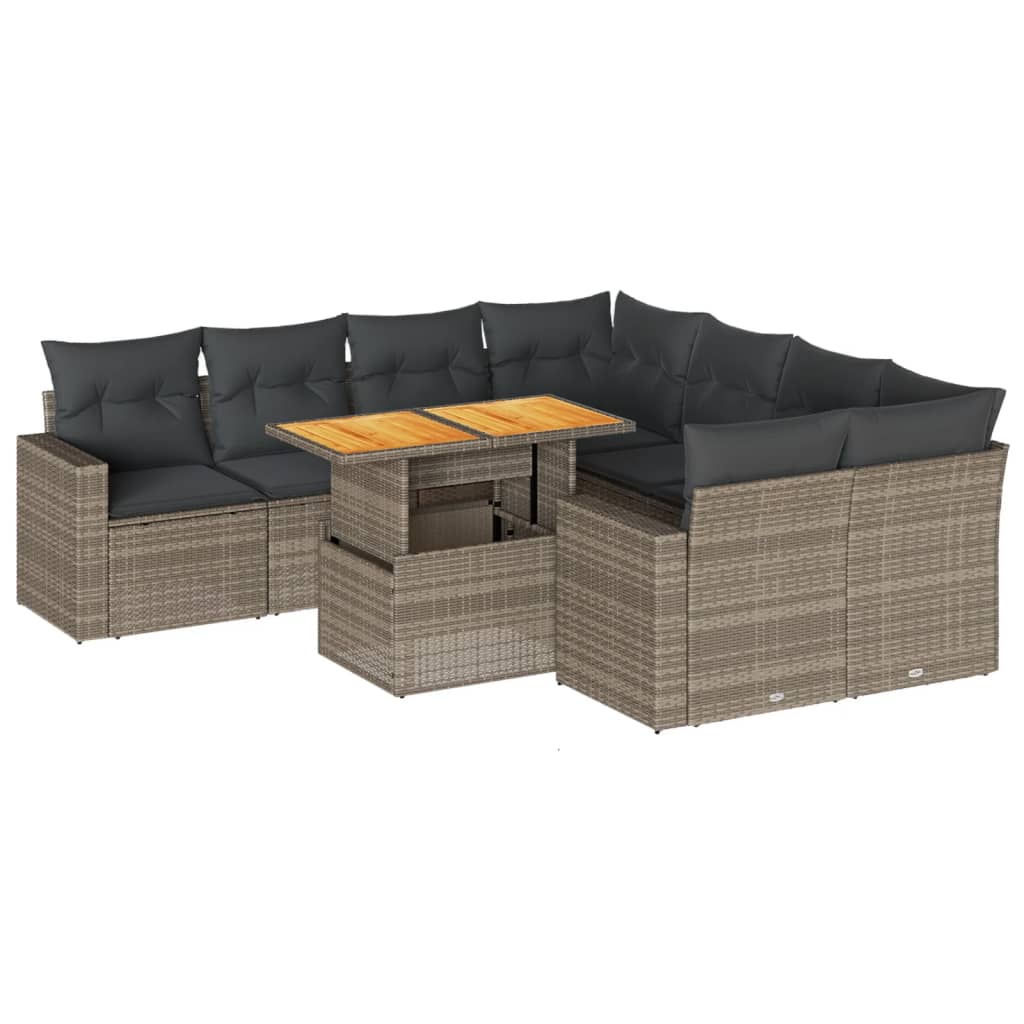 9-tlg. Garten-Sofagarnitur mit Kissen Grau Poly Rattan