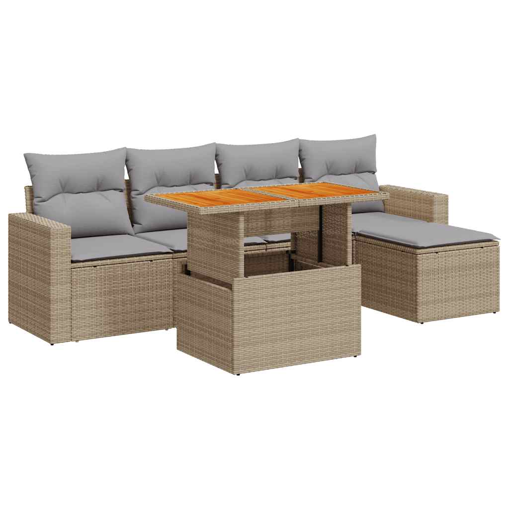 6-tlg. Garten-Sofagarnitur mit Kissen Beige Poly Rattan