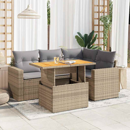 5-tlg. Garten-Sofagarnitur mit Kissen Beige Poly Rattan