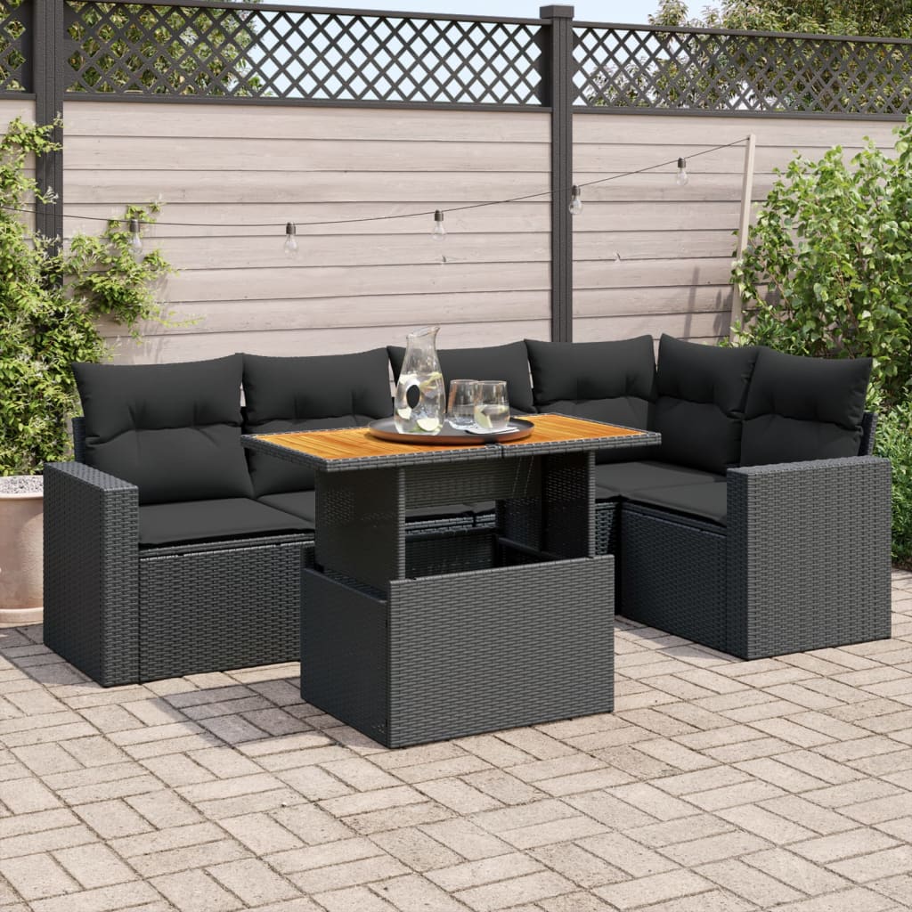 6-tlg. Garten-Sofagarnitur mit Kissen Schwarz Poly Rattan