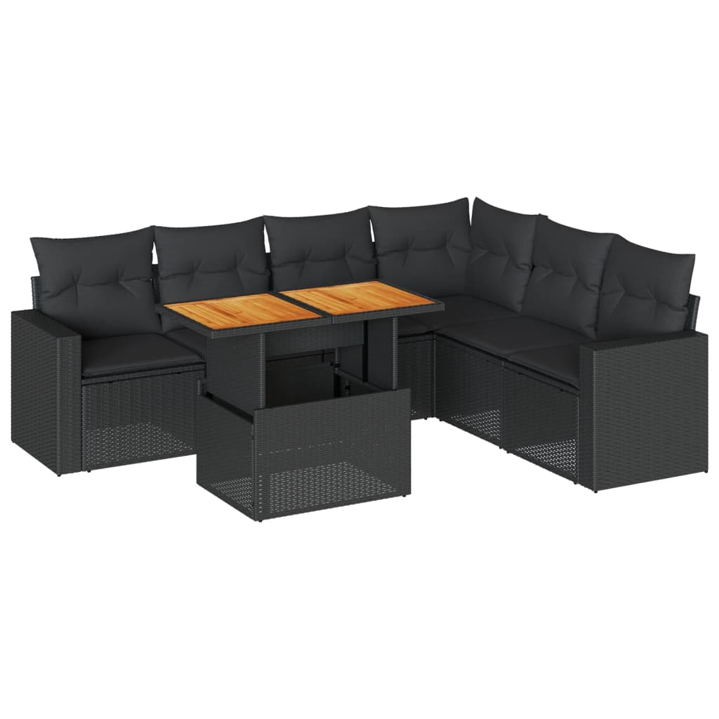 7-tlg. Garten-Sofagarnitur mit Kissen Schwarz Poly Rattan