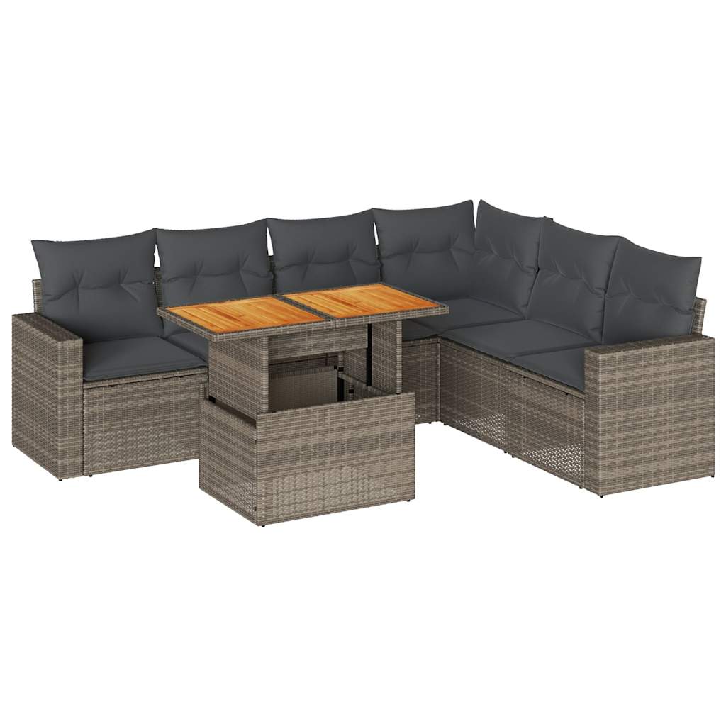 7-tlg. Garten-Sofagarnitur mit Kissen Grau Poly Rattan