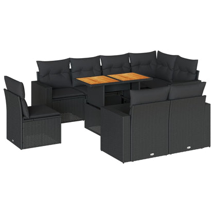 9-tlg. Garten-Sofagarnitur mit Kissen Schwarz Poly Rattan