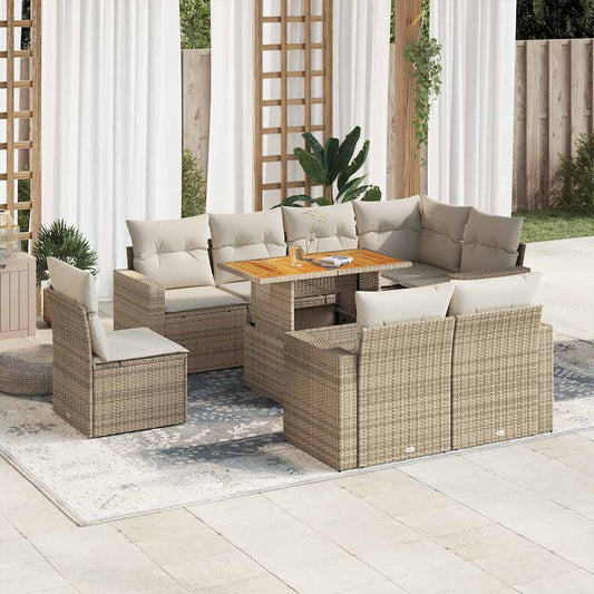 9-tlg. Garten-Sofagarnitur mit Kissen Beige Poly Rattan