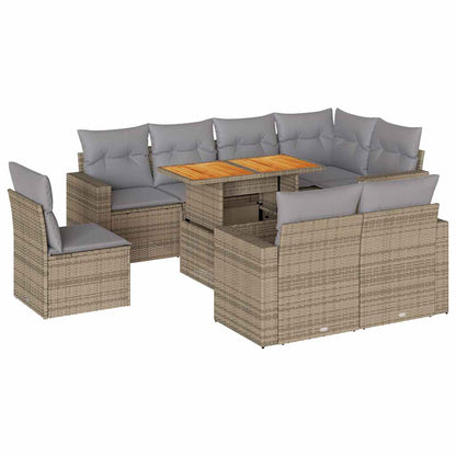 9-tlg. Garten-Sofagarnitur mit Kissen Beige Poly Rattan