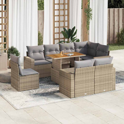 9-tlg. Garten-Sofagarnitur mit Kissen Beige Poly Rattan