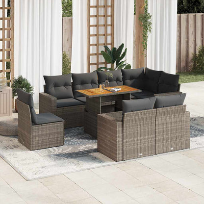 9-tlg. Garten-Sofagarnitur mit Kissen Grau Poly Rattan